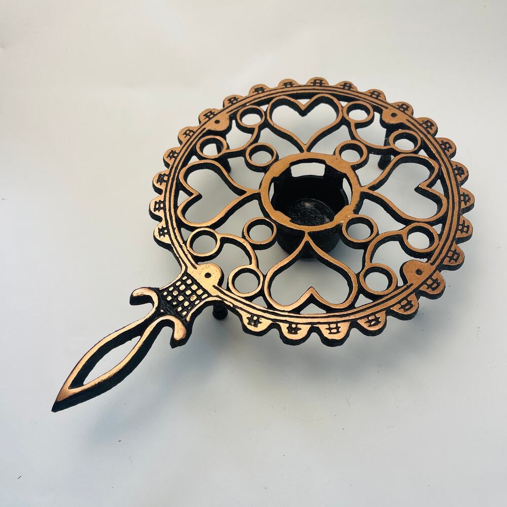 Copper Metal Round Heart Pattern Footed Candle Warming Trivet 11 1/2 x 8”